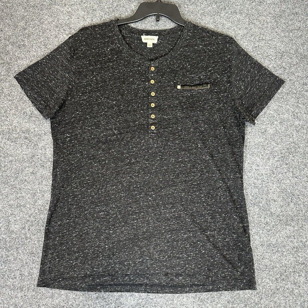 Diesel Henley Shirt Mens Large Black Speckled Short Sleeve Pocket Casual Adult